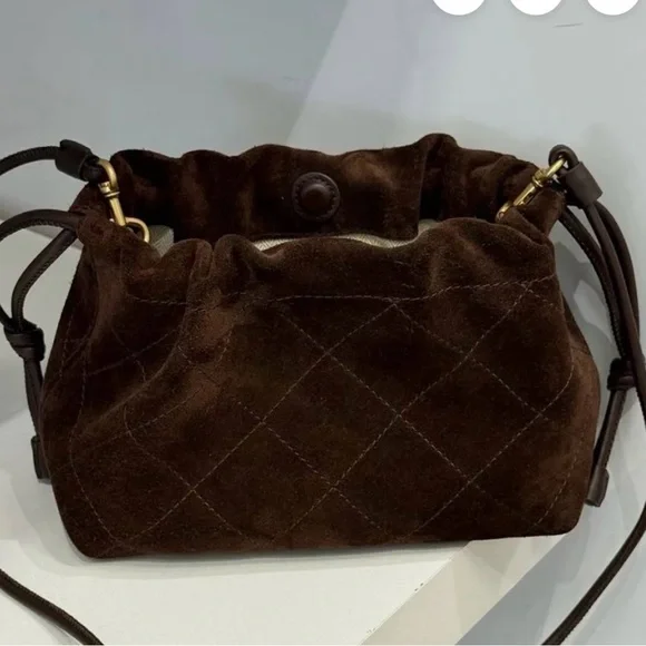 Tory Burch Dark Brown Quilted Suede Drawstring Shoulder Bag - Picture 4 of 5